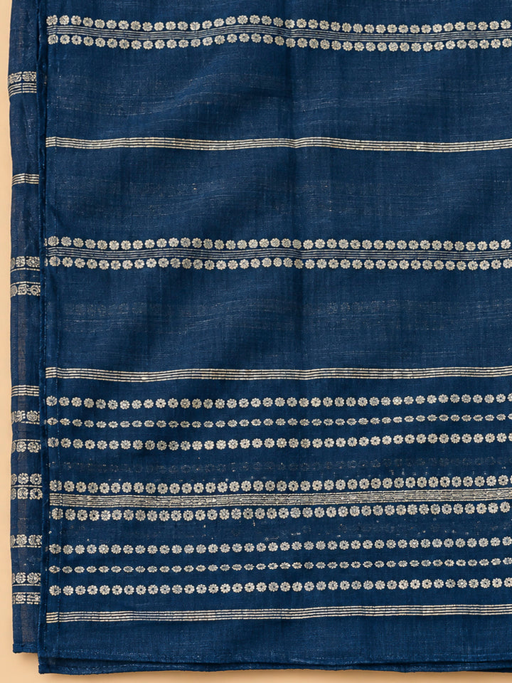 Blue Cotton Blend Embroidered Unstitched Dress Material