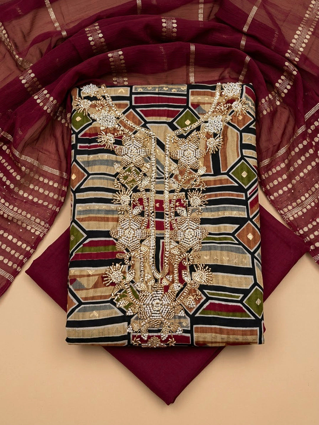 Wine Cotton Blend Embroidered Unstitched Dress Material