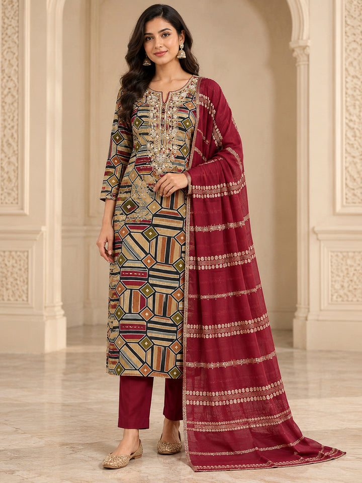 Wine Cotton Blend Embroidered Unstitched Dress Material
