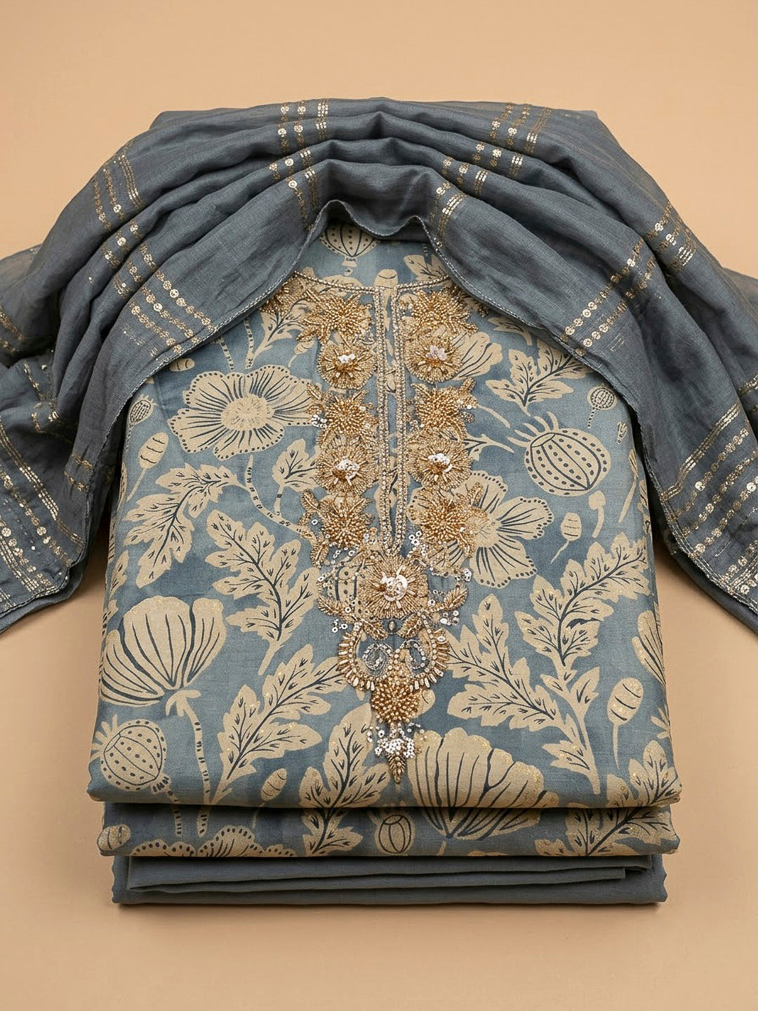 Grey Cotton Blend Embroidered Unstitched Dress Material