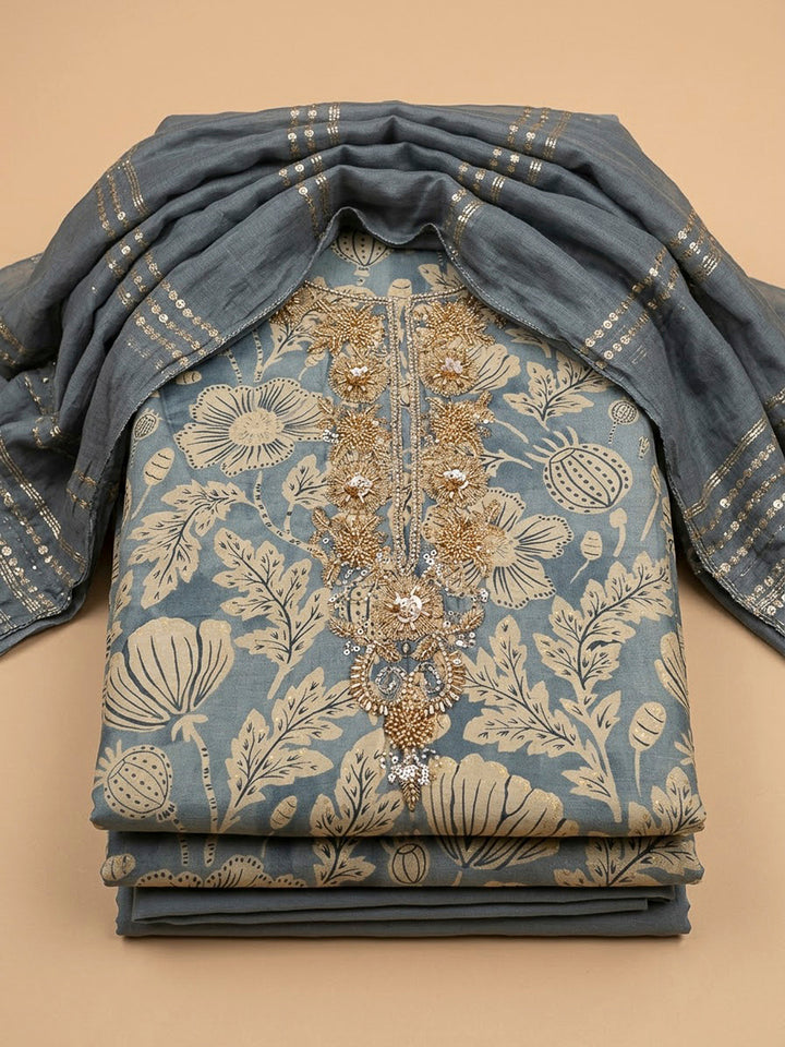 Grey Cotton Blend Embroidered Unstitched Dress Material
