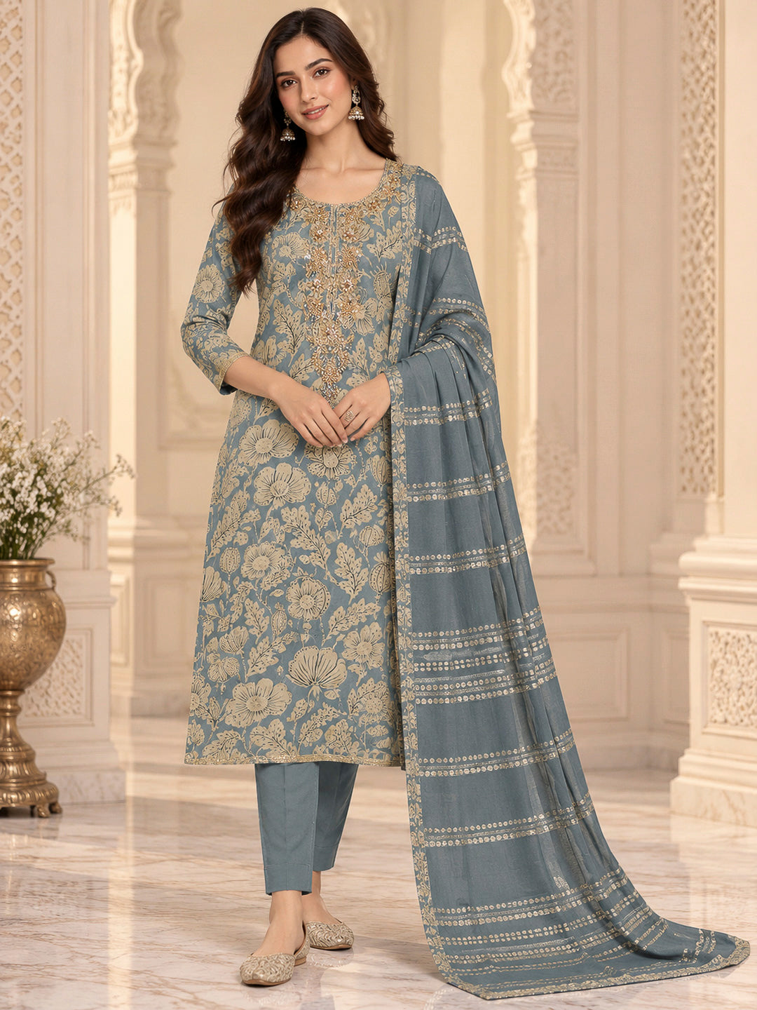 Grey Cotton Blend Embroidered Unstitched Dress Material