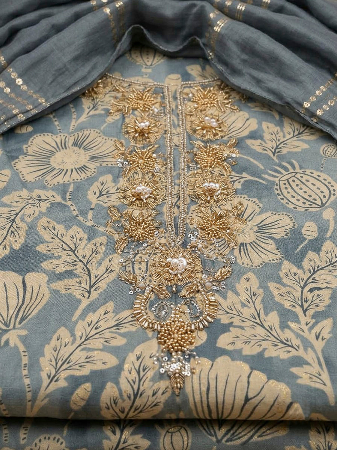 Grey Cotton Blend Embroidered Unstitched Dress Material