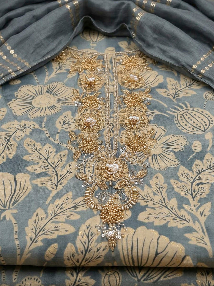 Grey Cotton Blend Embroidered Unstitched Dress Material