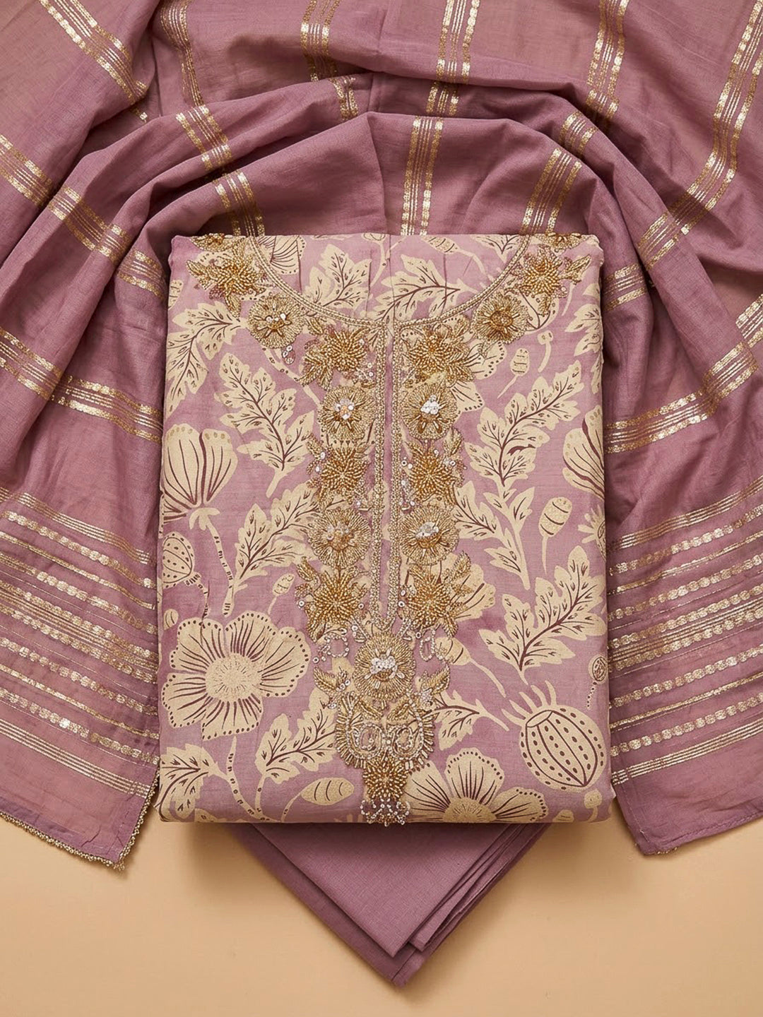 Onion Pink Cotton Blend Embroidered Unstitched Dress Material