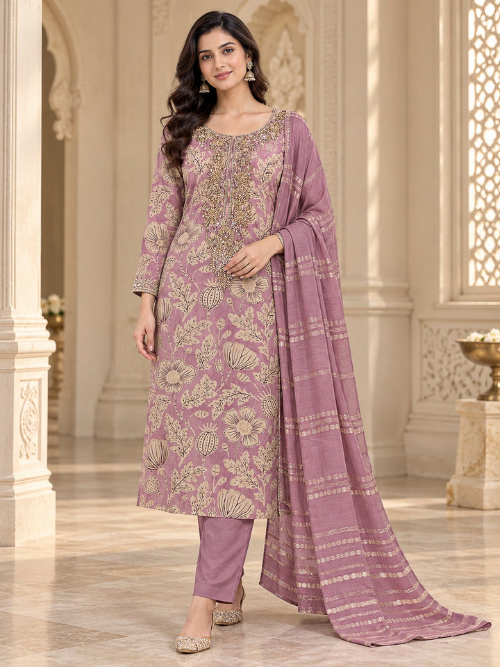 Onion Pink Cotton Blend Embroidered Unstitched Dress Material