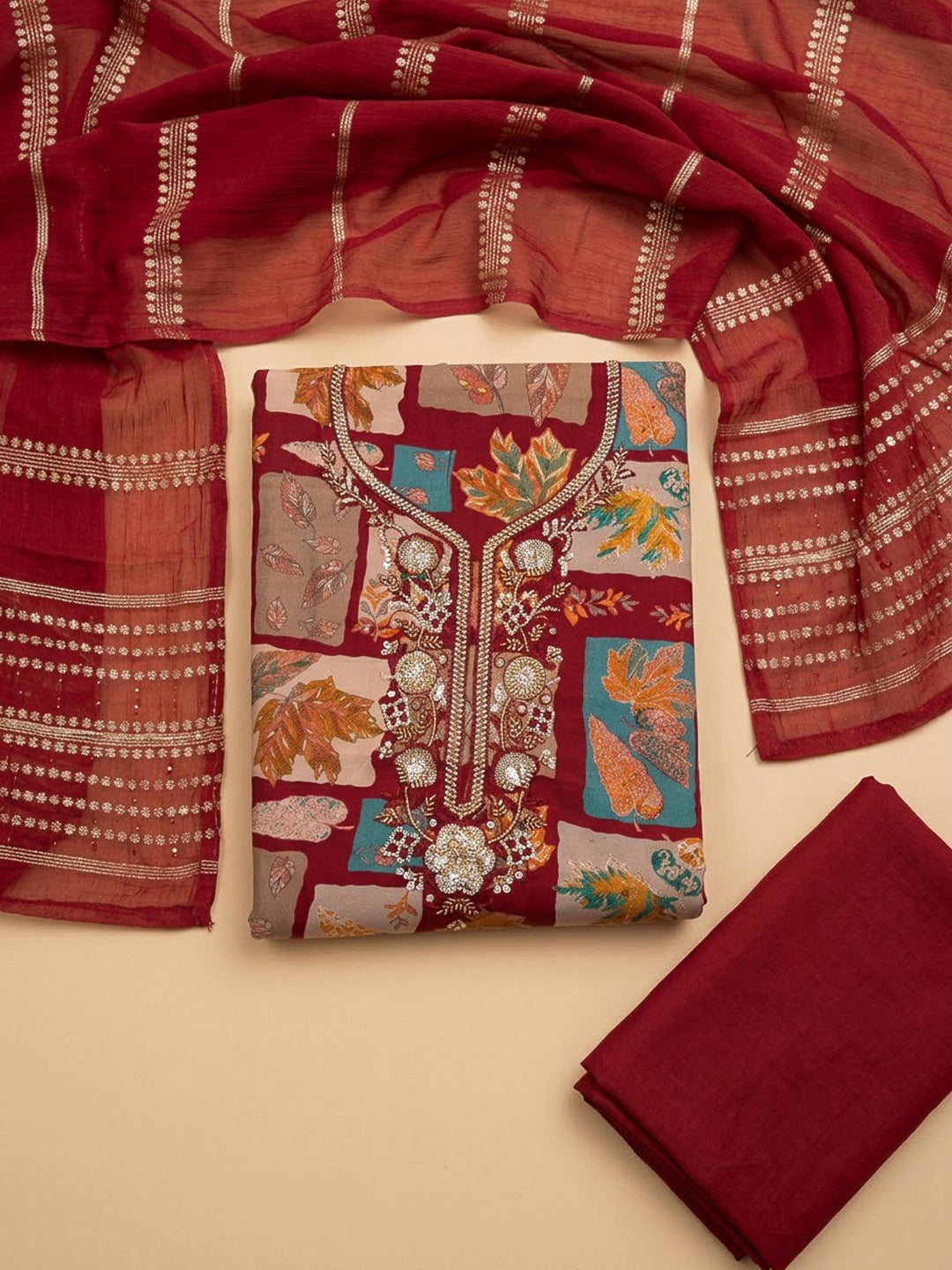 Maroon Cotton Blend Embroidered Unstitched Dress Material