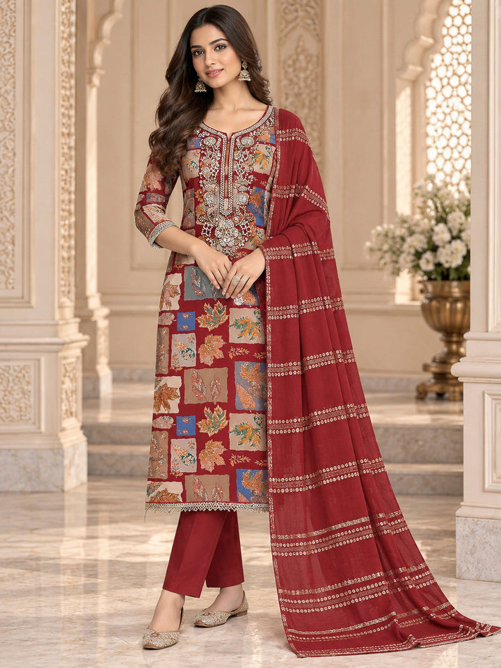 Maroon Cotton Blend Embroidered Unstitched Dress Material