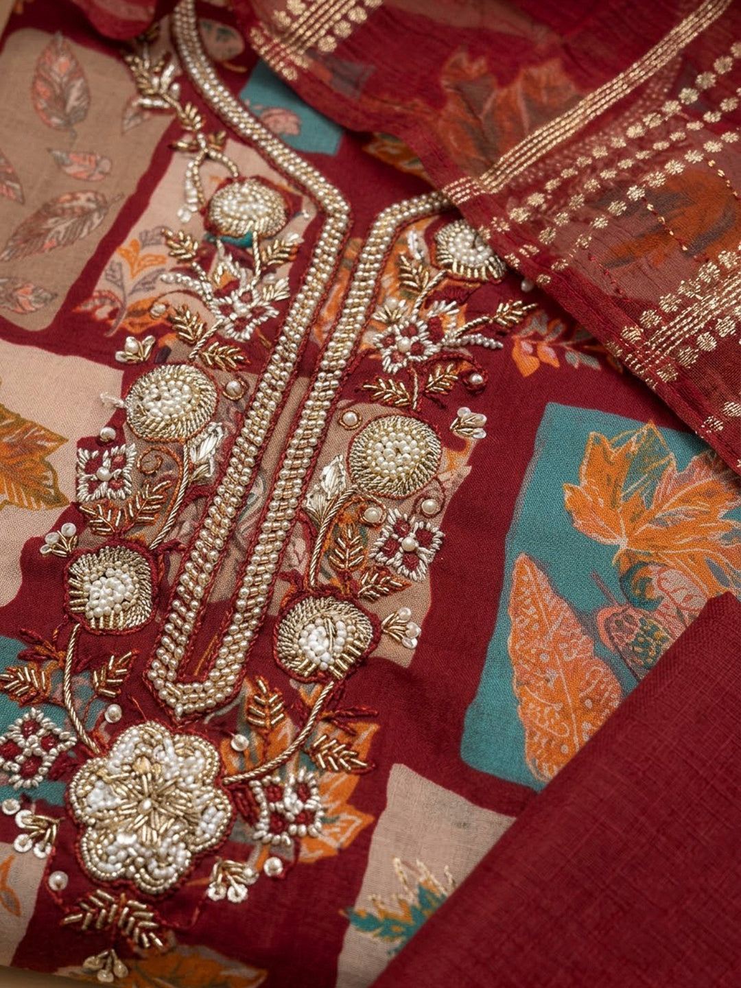 Maroon Cotton Blend Embroidered Unstitched Dress Material