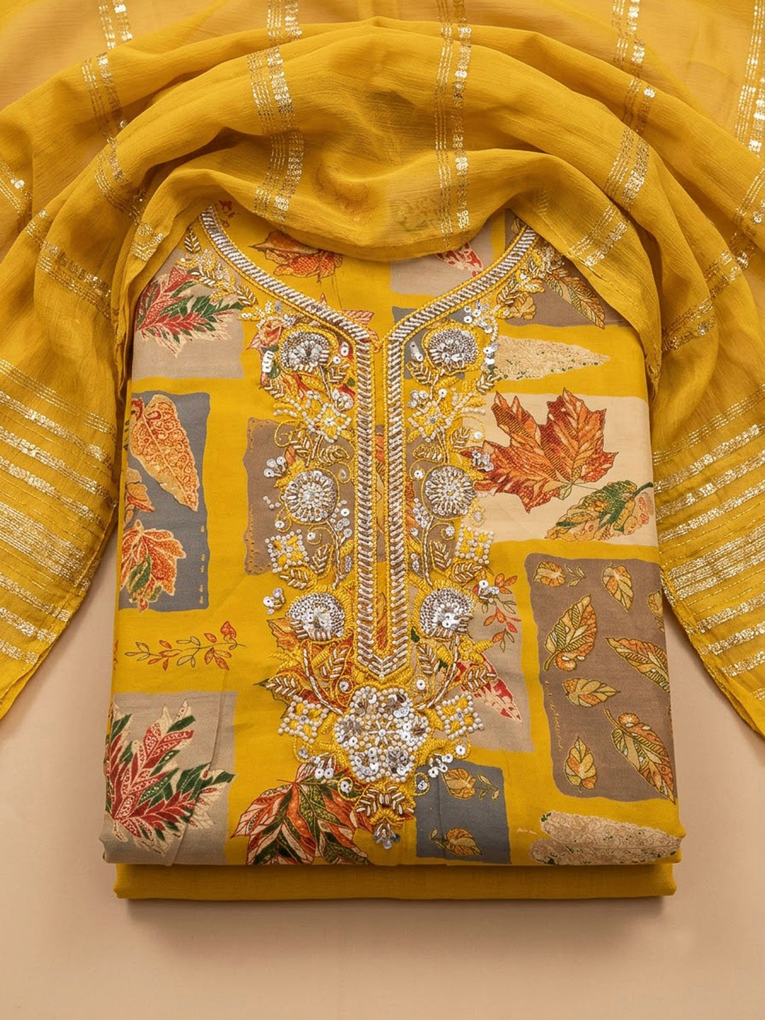 Mustard Cotton Blend Embroidered Unstitched Dress Material