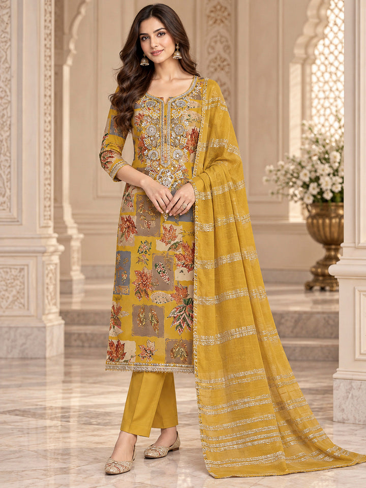 Mustard Cotton Blend Embroidered Unstitched Dress Material