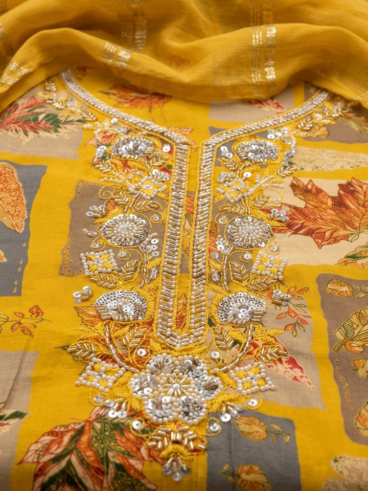 Mustard Cotton Blend Embroidered Unstitched Dress Material