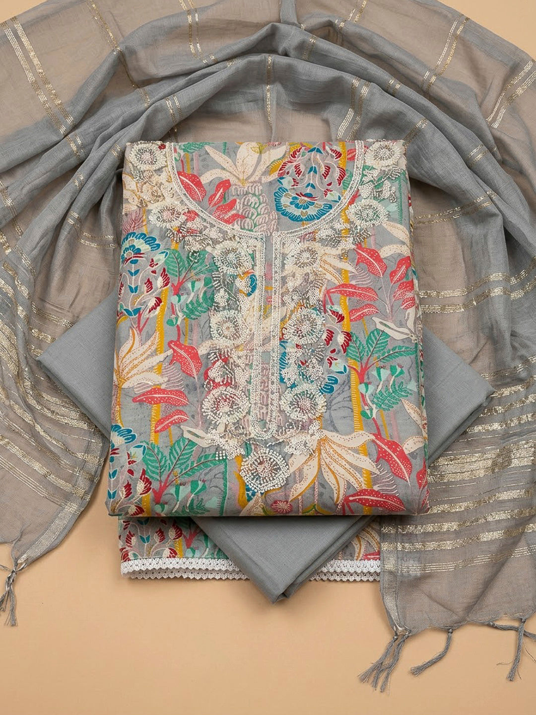 Grey Cotton Blend Embroidered Unstitched Dress Material