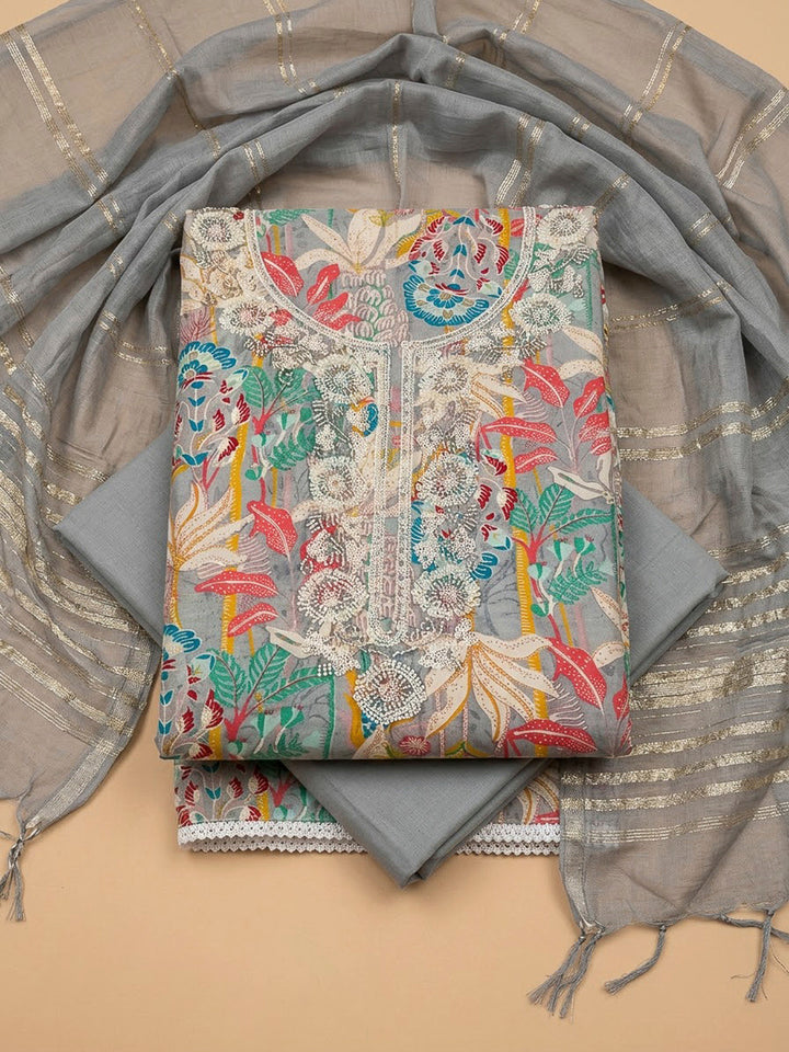 Grey Cotton Blend Embroidered Unstitched Dress Material