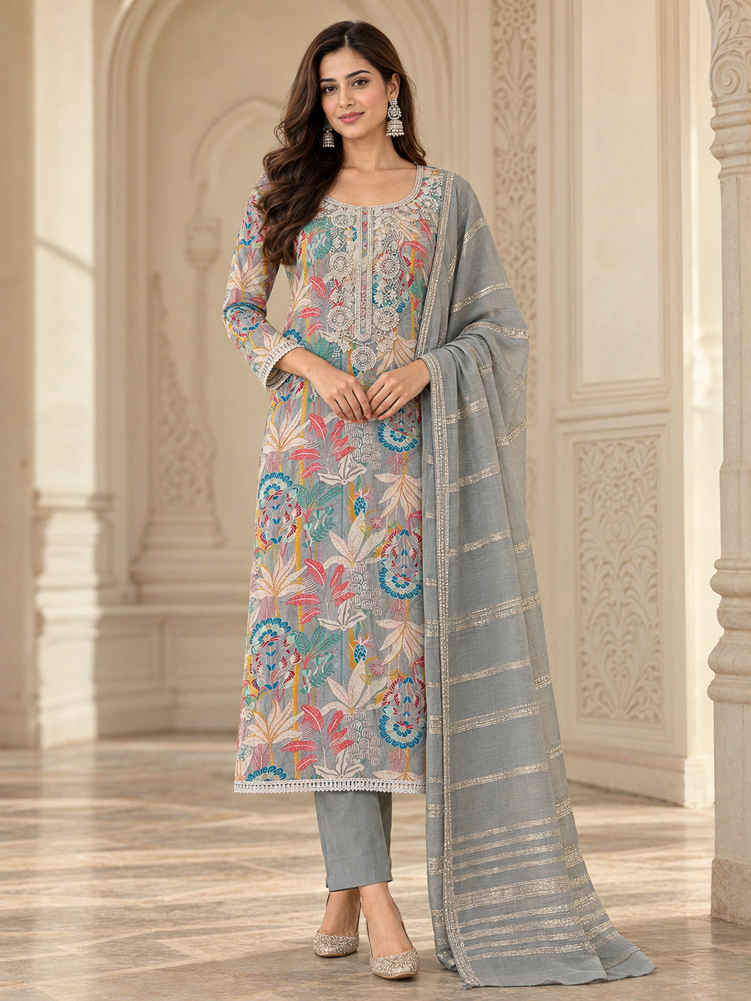Grey Cotton Blend Embroidered Unstitched Dress Material