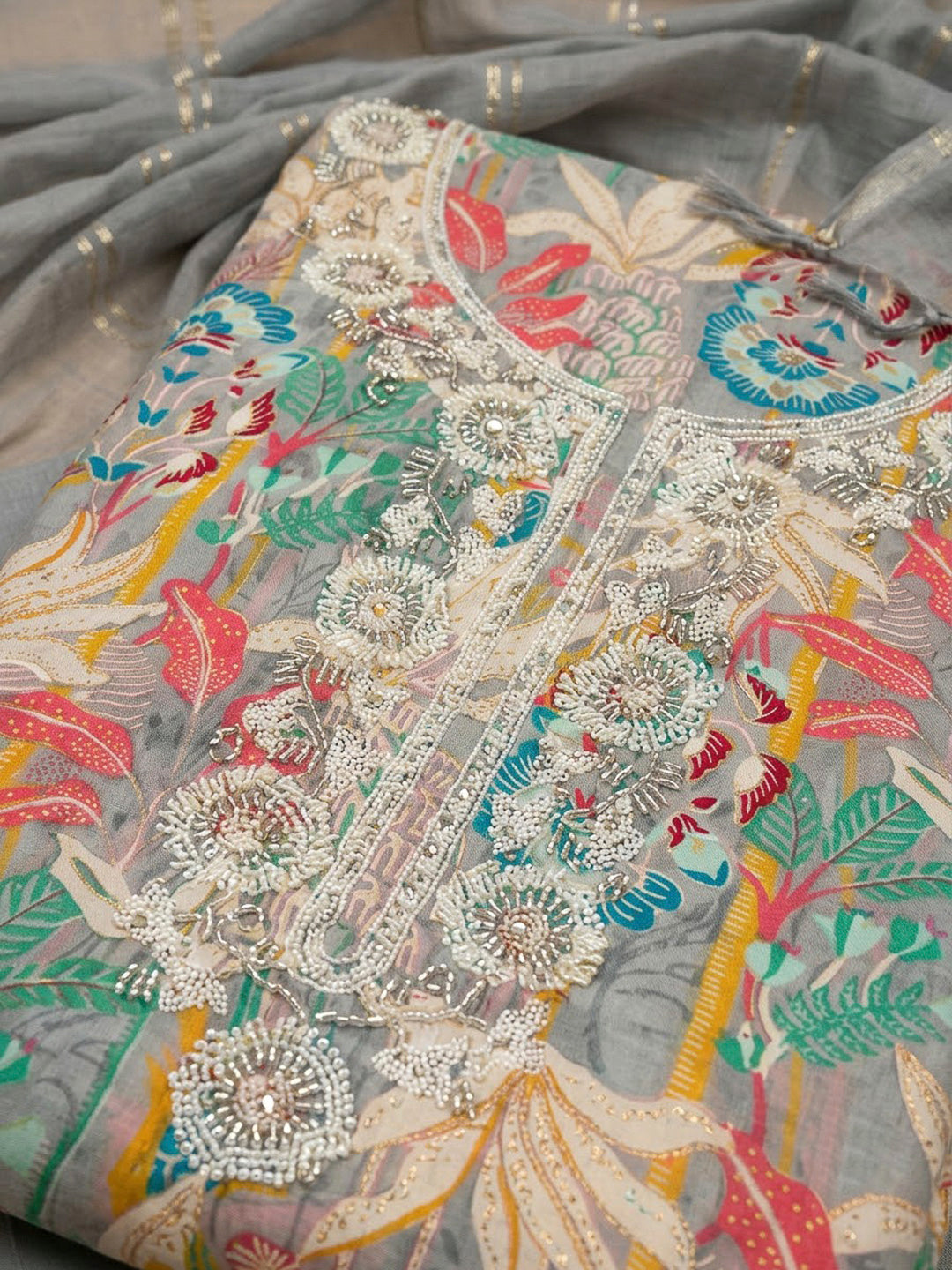 Grey Cotton Blend Embroidered Unstitched Dress Material