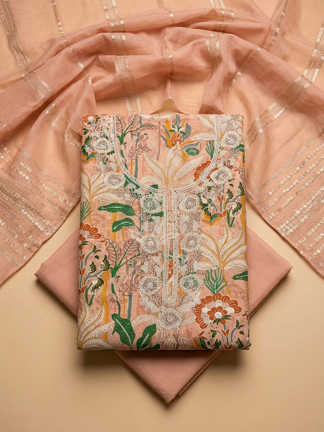 Peach Cotton Blend Embroidered Unstitched Dress Material