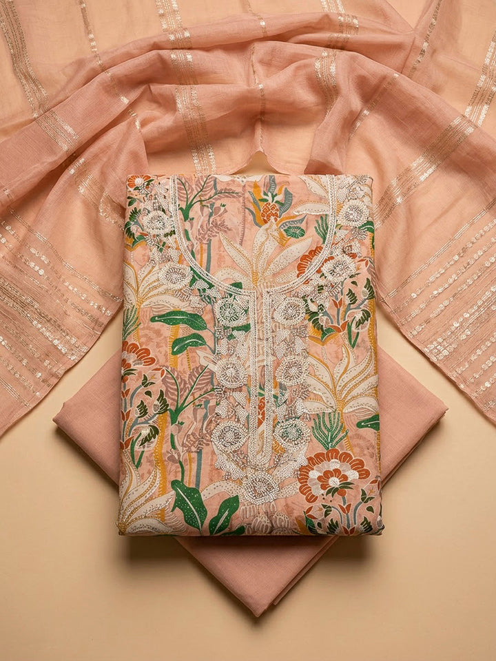 Peach Cotton Blend Embroidered Unstitched Dress Material