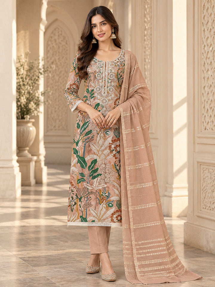Peach Cotton Blend Embroidered Unstitched Dress Material