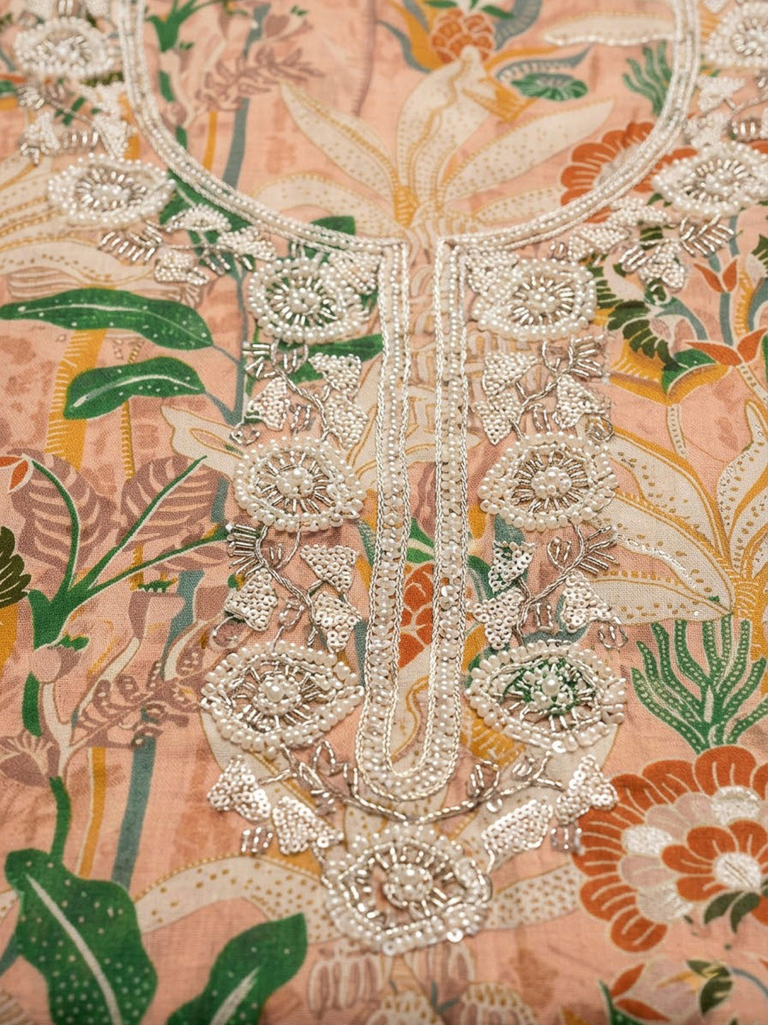 Peach Cotton Blend Embroidered Unstitched Dress Material