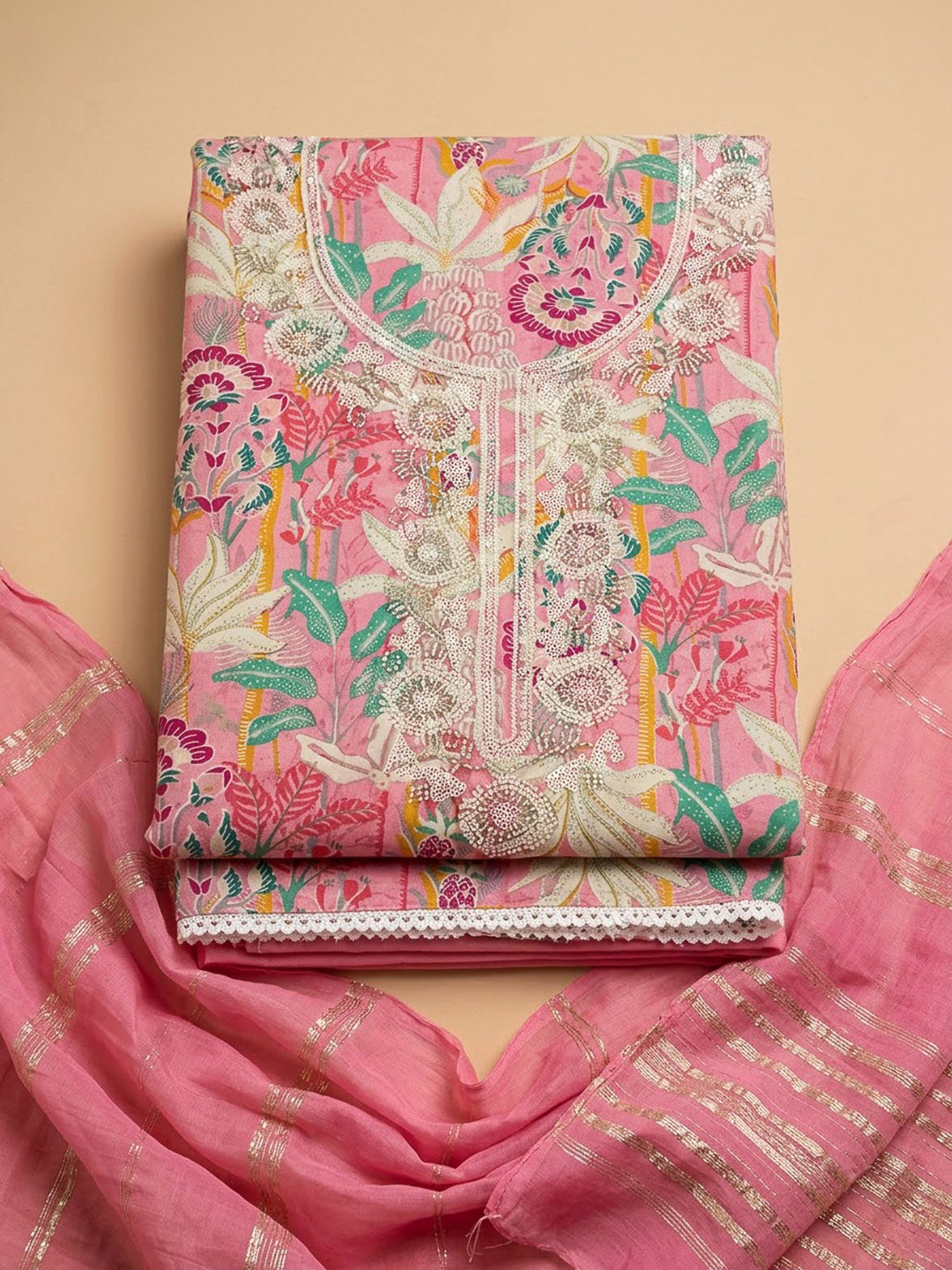 Pink Cotton Blend Embroidered Unstitched Dress Material