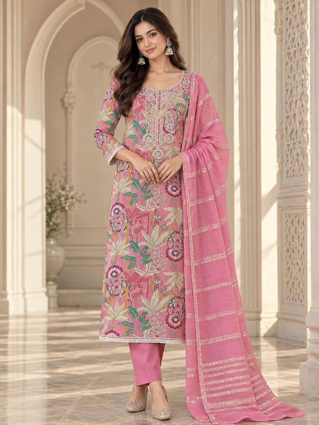 Pink Cotton Blend Embroidered Unstitched Dress Material