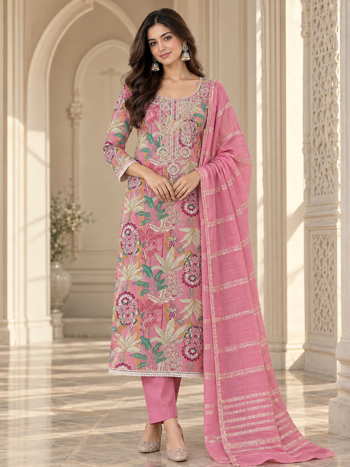 Pink Cotton Blend Embroidered Unstitched Dress Material