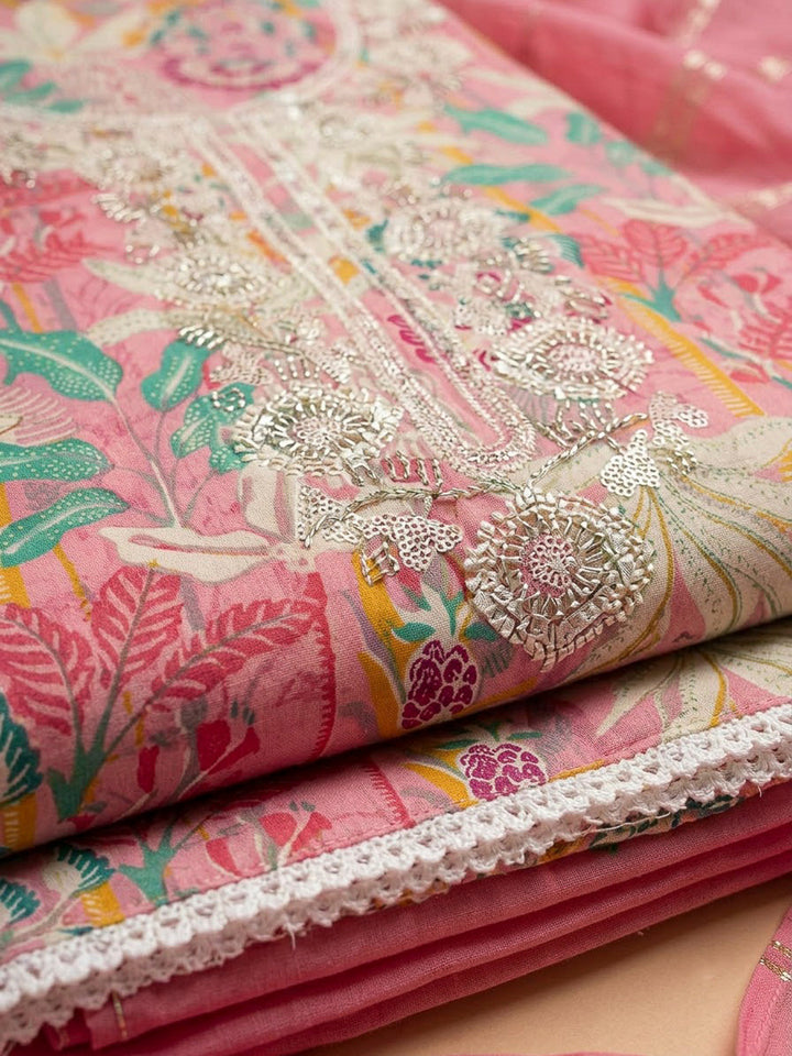 Pink Cotton Blend Embroidered Unstitched Dress Material
