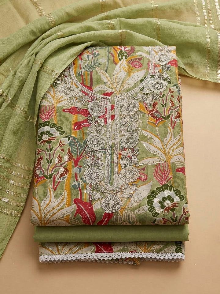 Pista Green Cotton Blend Embroidered Unstitched Dress Material