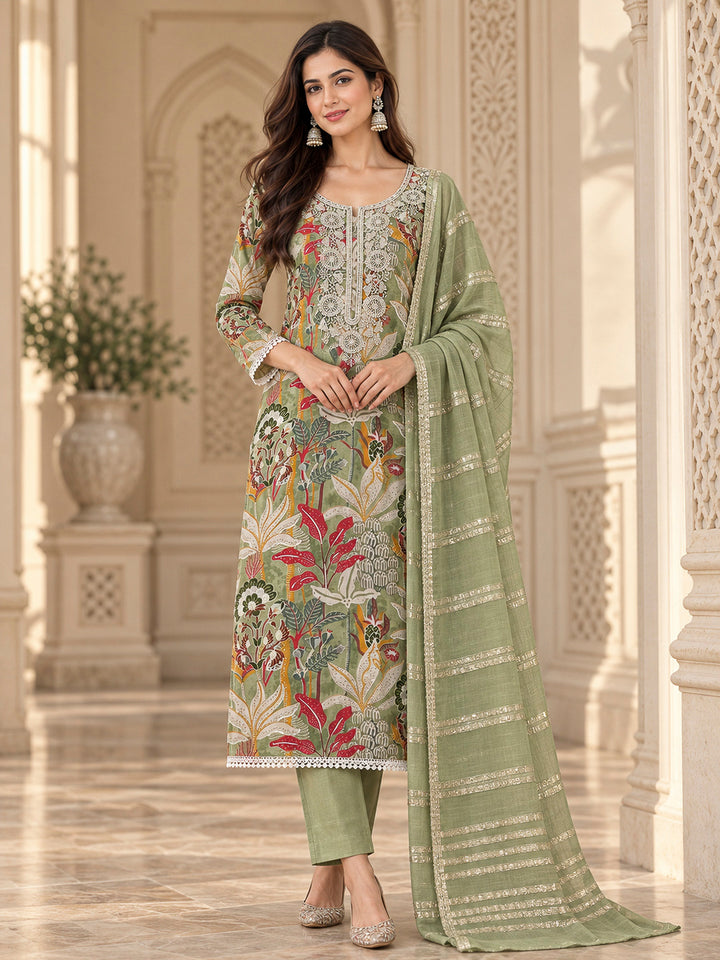 Pista Green Cotton Blend Embroidered Unstitched Dress Material