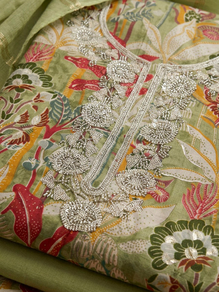 Pista Green Cotton Blend Embroidered Unstitched Dress Material
