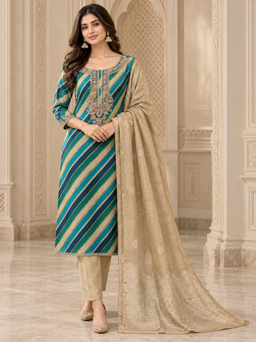 Green Cotton Blend Embroidered Unstitched Dress Material