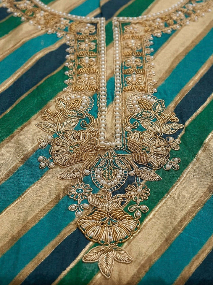 Green Cotton Blend Embroidered Unstitched Dress Material
