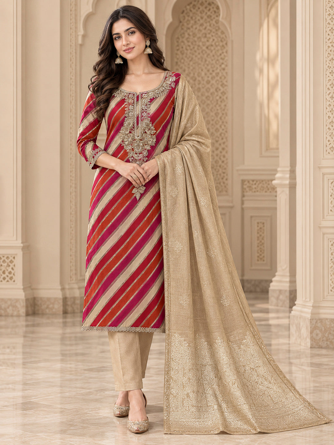 Red Cotton Blend Embroidered Unstitched Dress Material