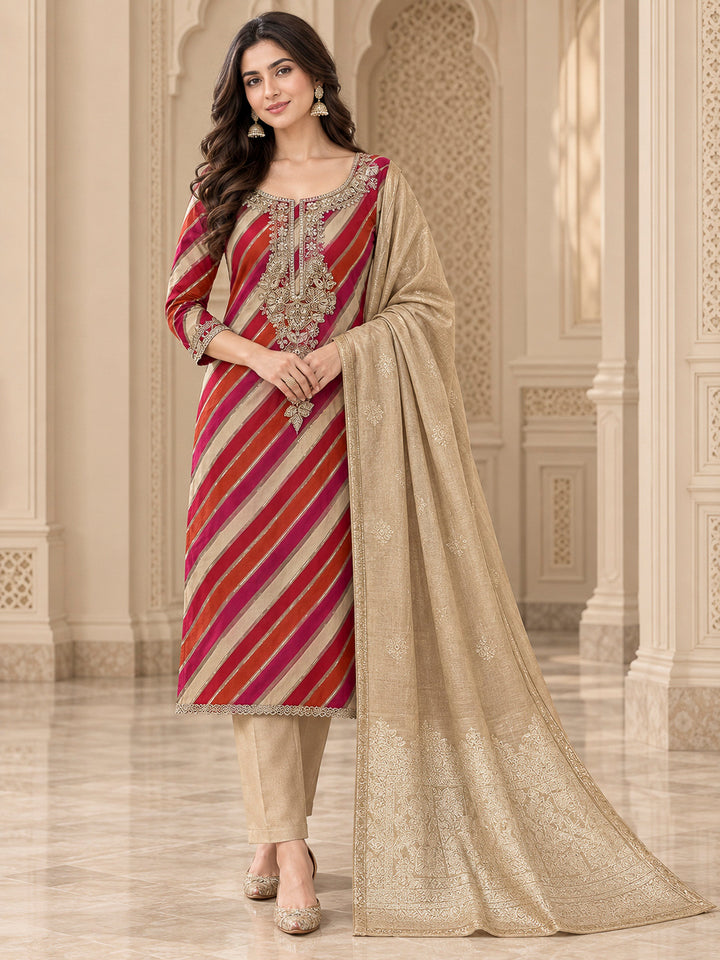 Red Cotton Blend Embroidered Unstitched Dress Material