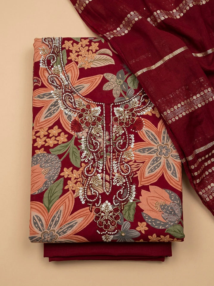 Maroon Cotton Blend Embroidered Unstitched Dress Material
