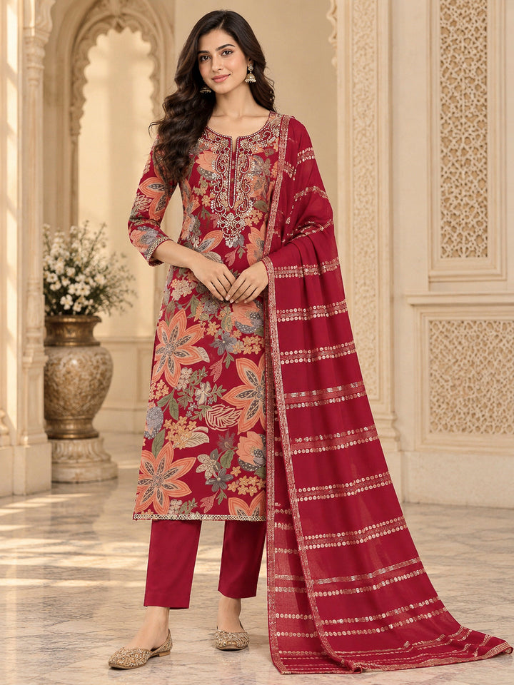 Maroon Cotton Blend Embroidered Unstitched Dress Material