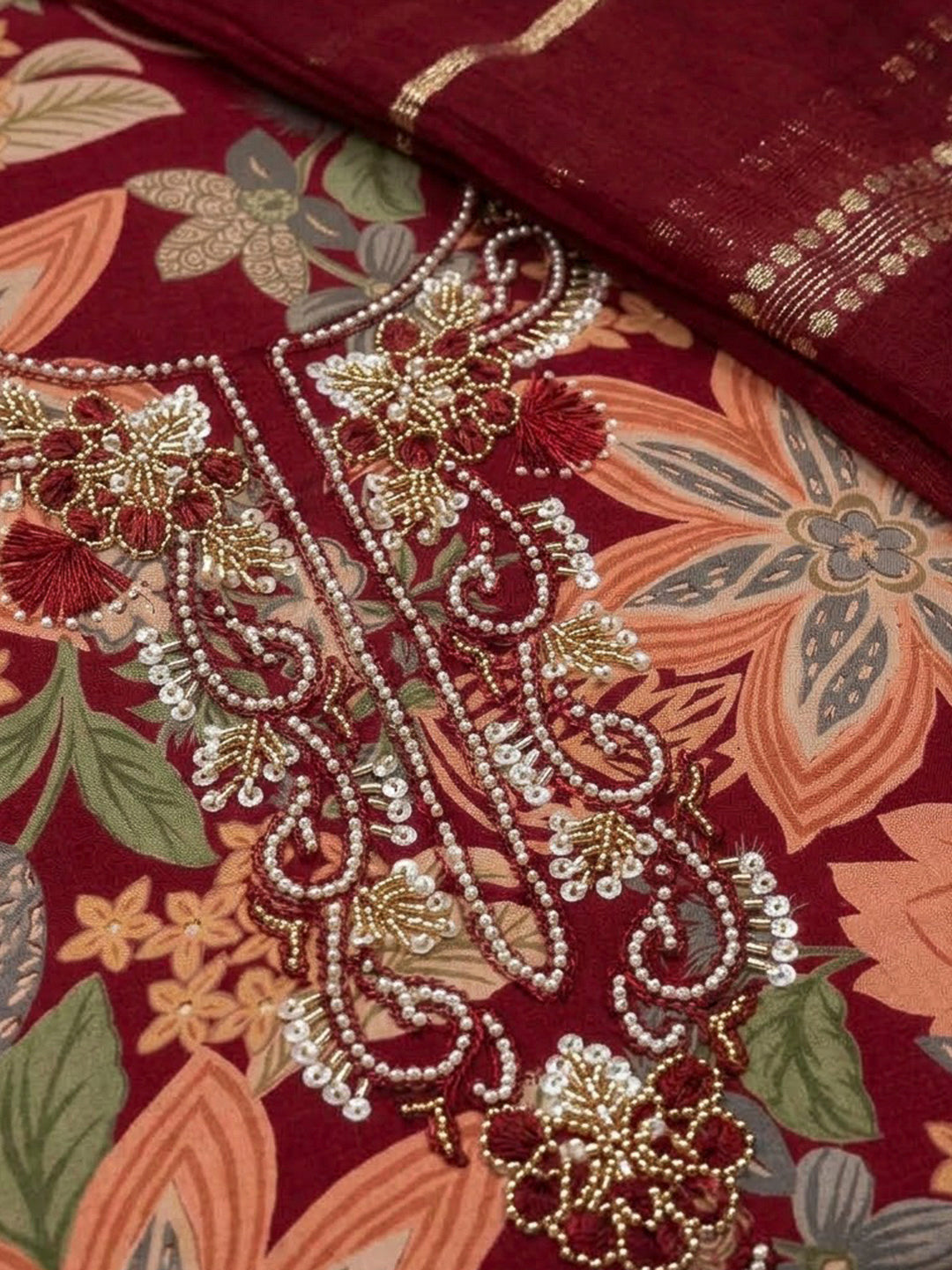 Maroon Cotton Blend Embroidered Unstitched Dress Material