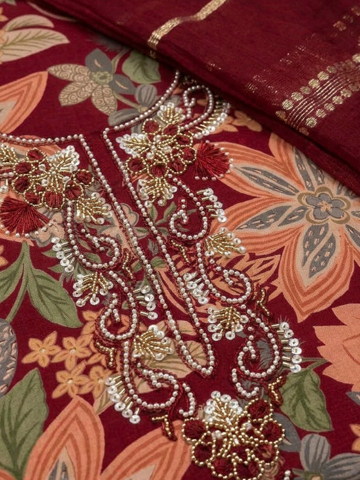 Maroon Cotton Blend Embroidered Unstitched Dress Material