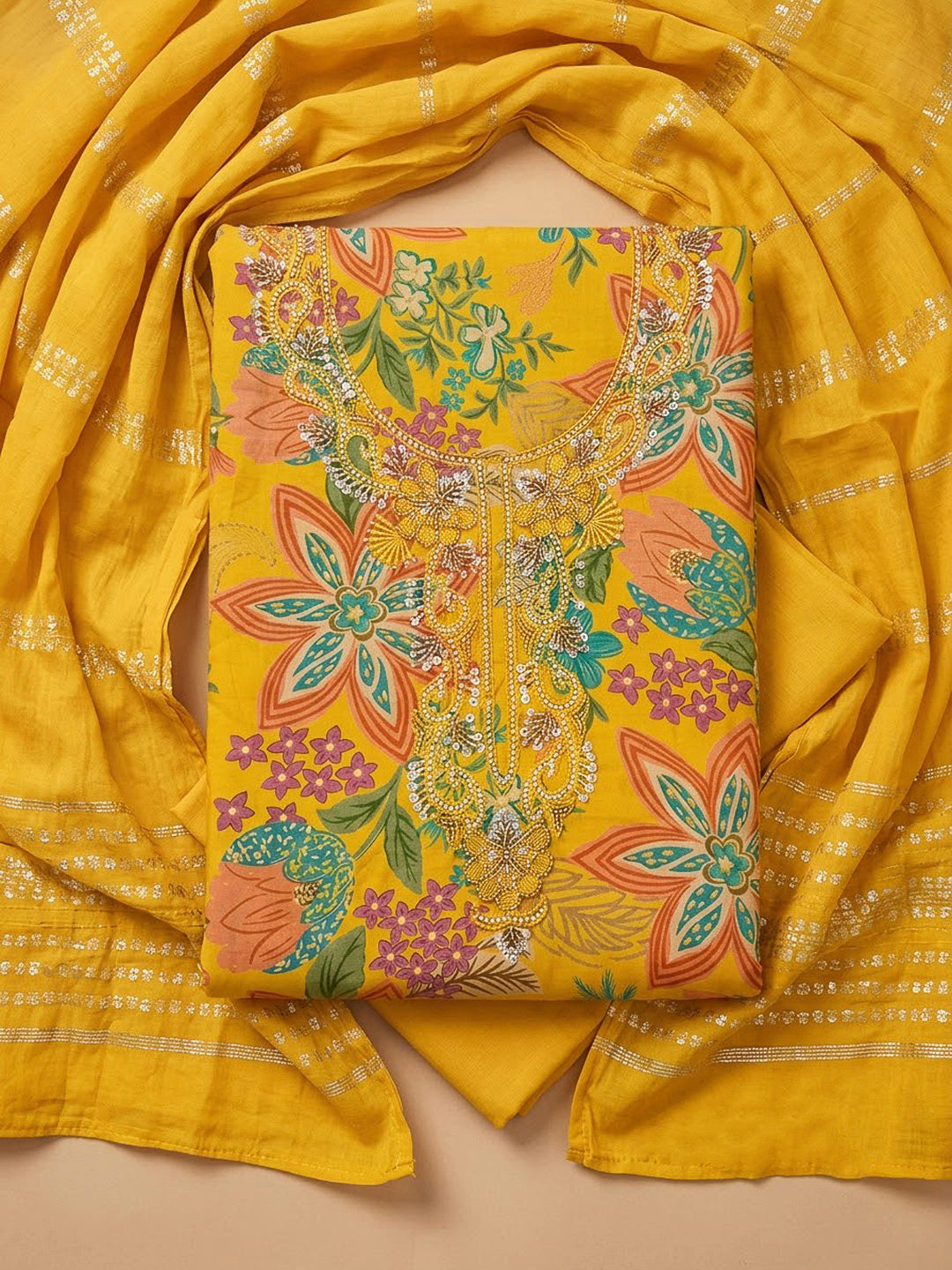 Mustard Cotton Blend Embroidered Unstitched Dress Material