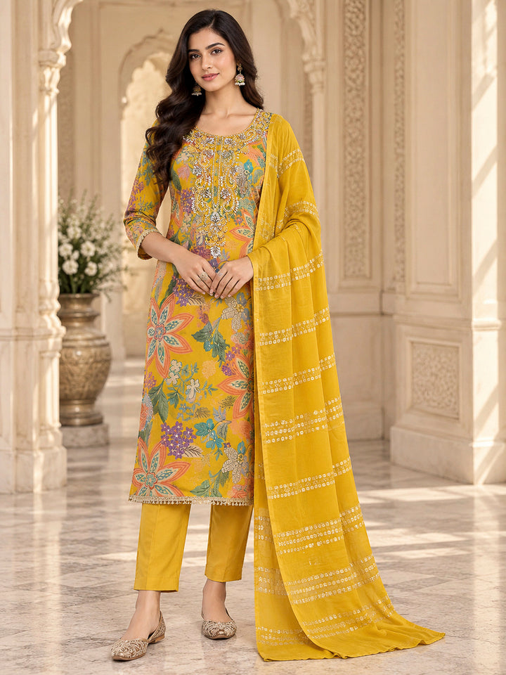Mustard Cotton Blend Embroidered Unstitched Dress Material