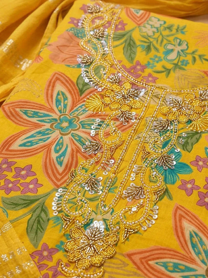 Mustard Cotton Blend Embroidered Unstitched Dress Material