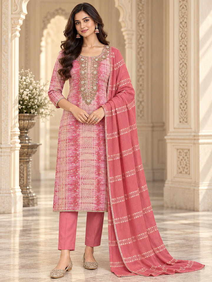 Onion Pink Cotton Blend Embroidered Unstitched Dress Material
