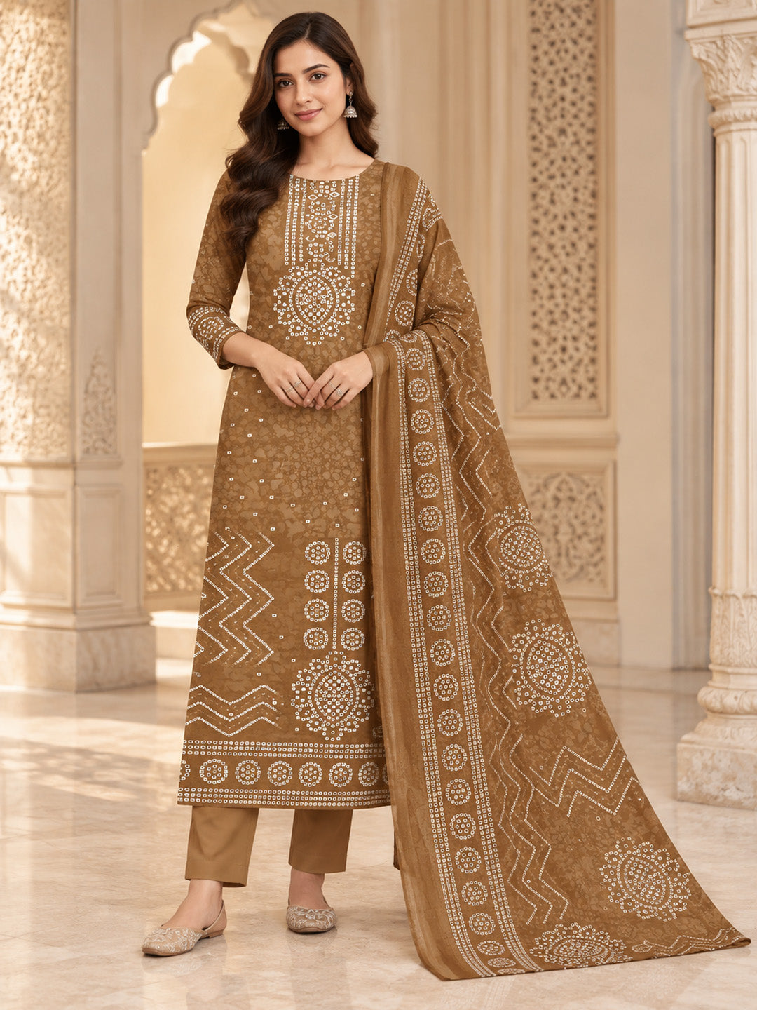 Mustard Cotton Blend Printed Unstitched Dress Material