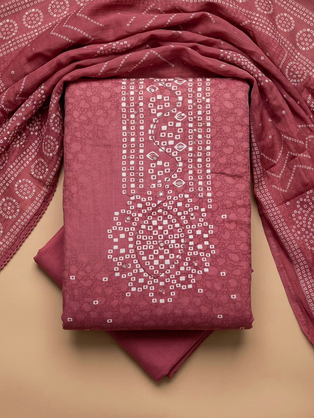 Onion Pink Cotton Blend Printed Unstitched Dress Material