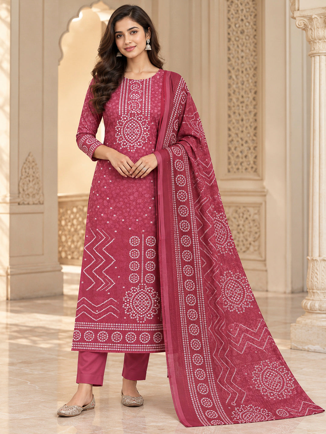 Onion Pink Cotton Blend Printed Unstitched Dress Material