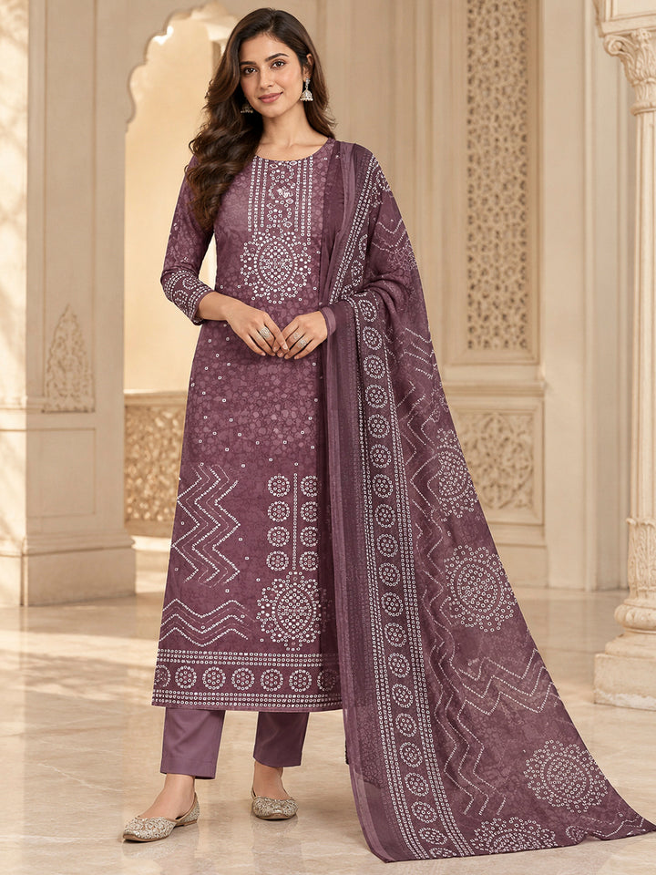 Purple Cotton Blend Printed Unstitched Dress Material