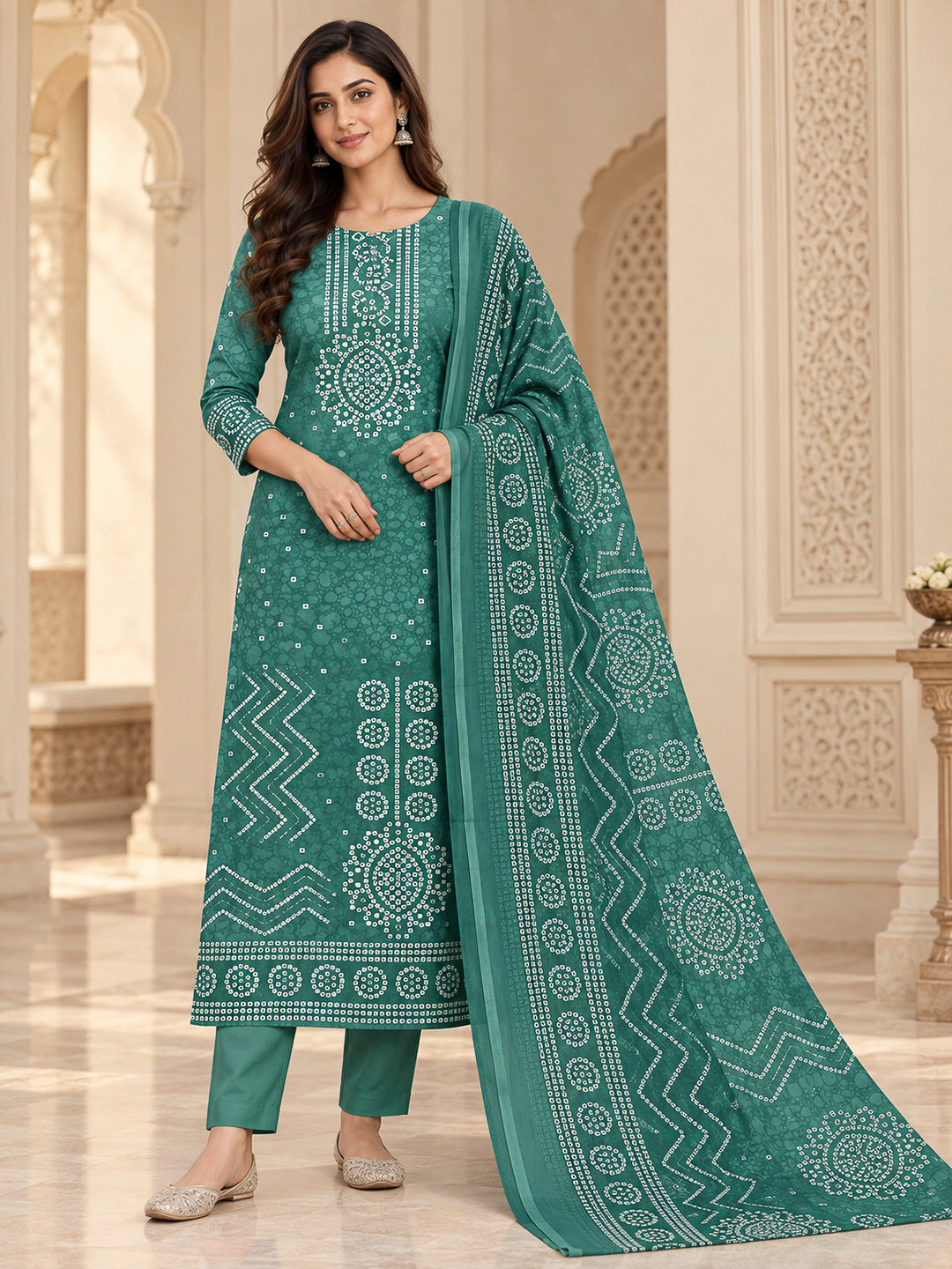 Rama Green Cotton Blend Printed Unstitched Dress Material