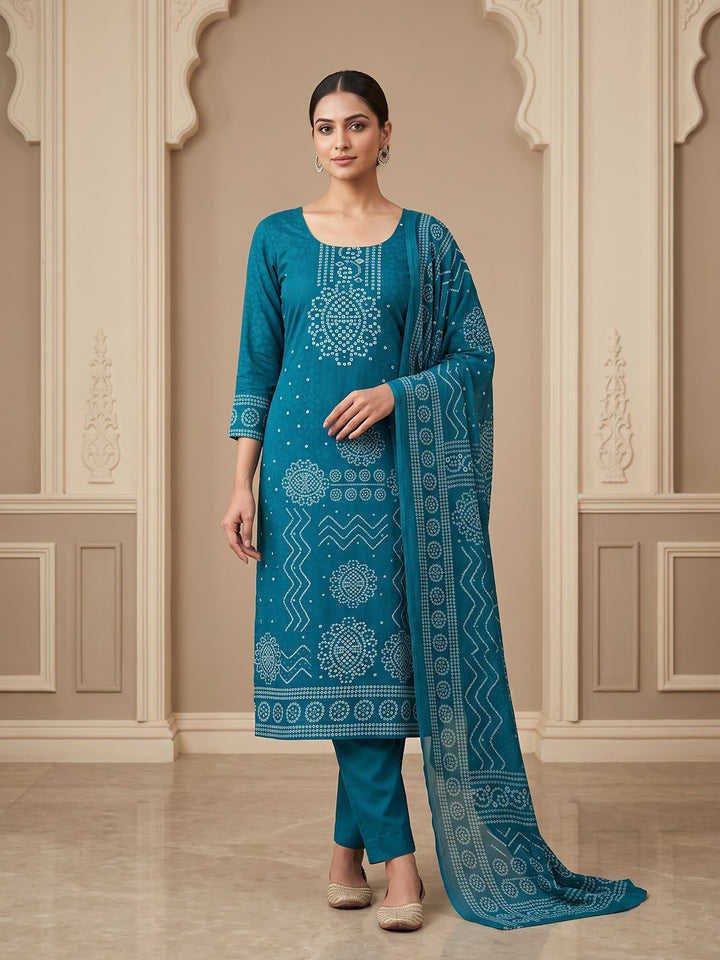 Blue Cotton Blend Printed Unstitched Dress Material