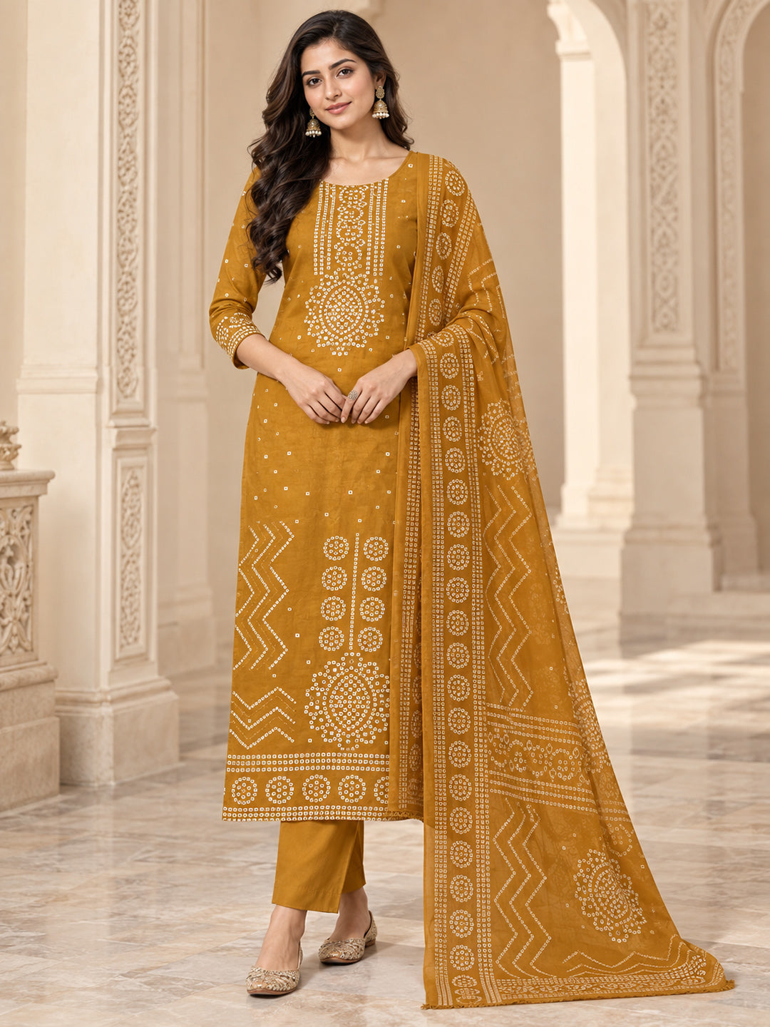 Mustard Cotton Blend Printed Unstitched Dress Material